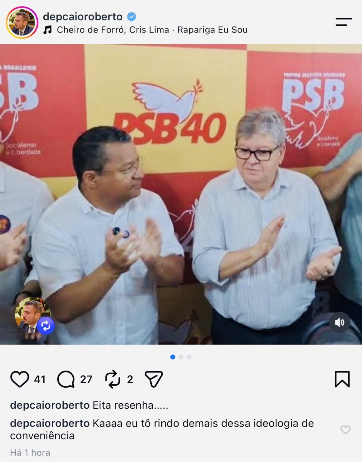 Screenshot Deputado Caio Roberto alfineta Nilvan Ferreira em postagem nas redes